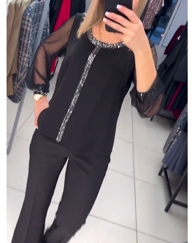 Blouse Met Paillettenpaneel En Lange Mouwen