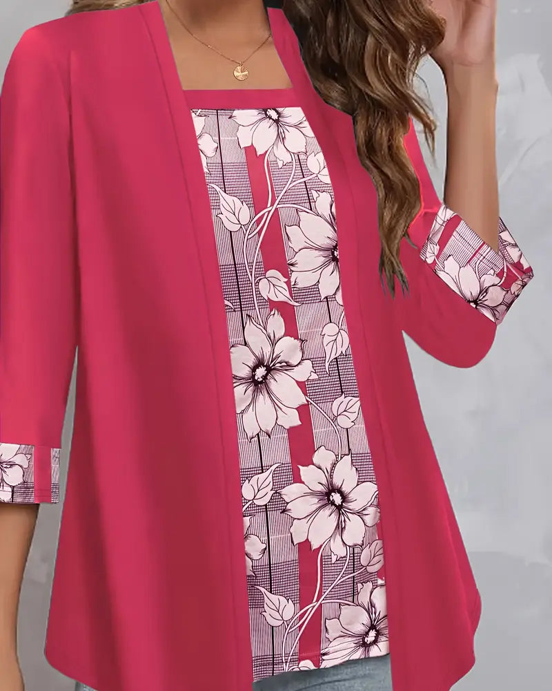 Bedrukt Topje Met Lange Mouwen Nep-Tweedelig Ontwerp