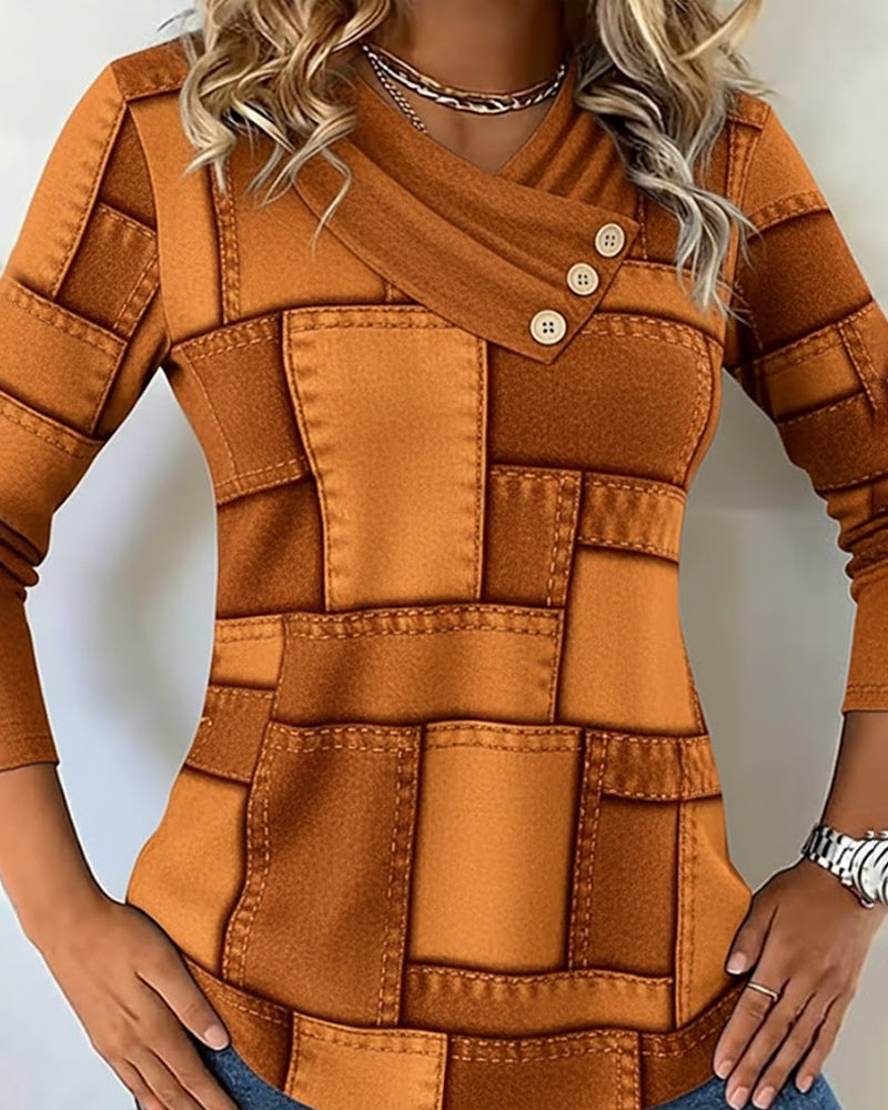 Langmouwige Top Met V-Hals En Effen Contrast