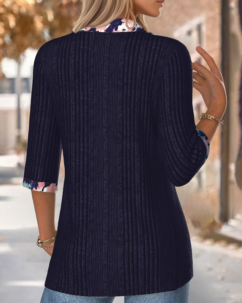 Blouse Met Revers Driekwart Mouwen Contrastkleur