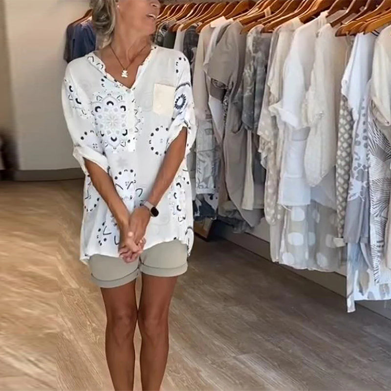 Blouse Veelzijdig V-Hals Bedrukt Halve Mouwen