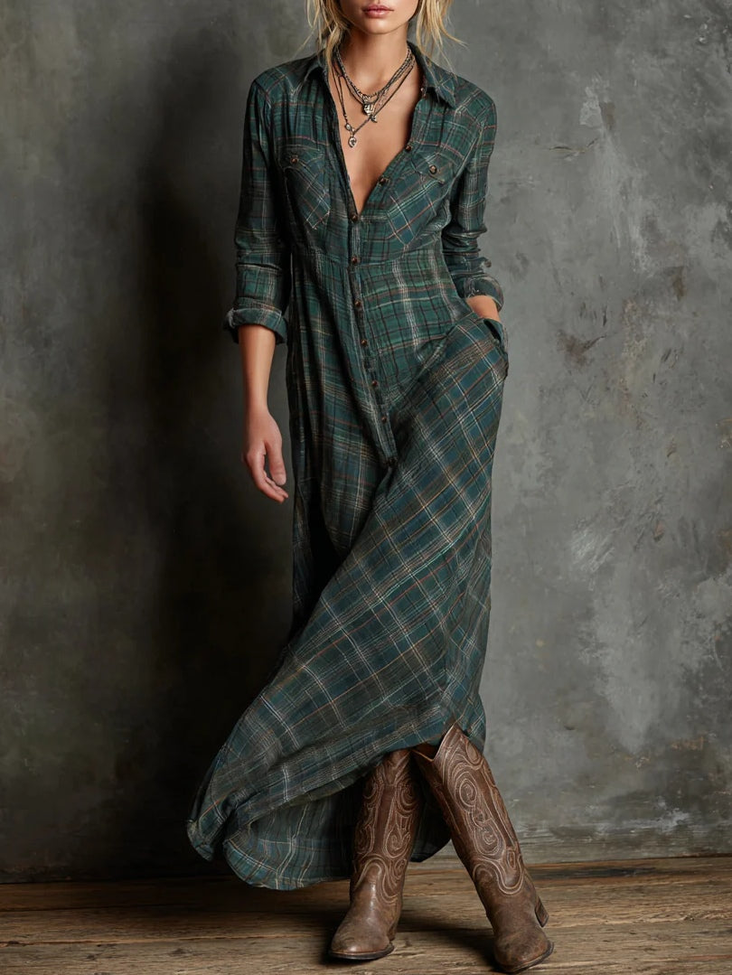 Roos | Geruite revers single-breasted shirt lange jurk