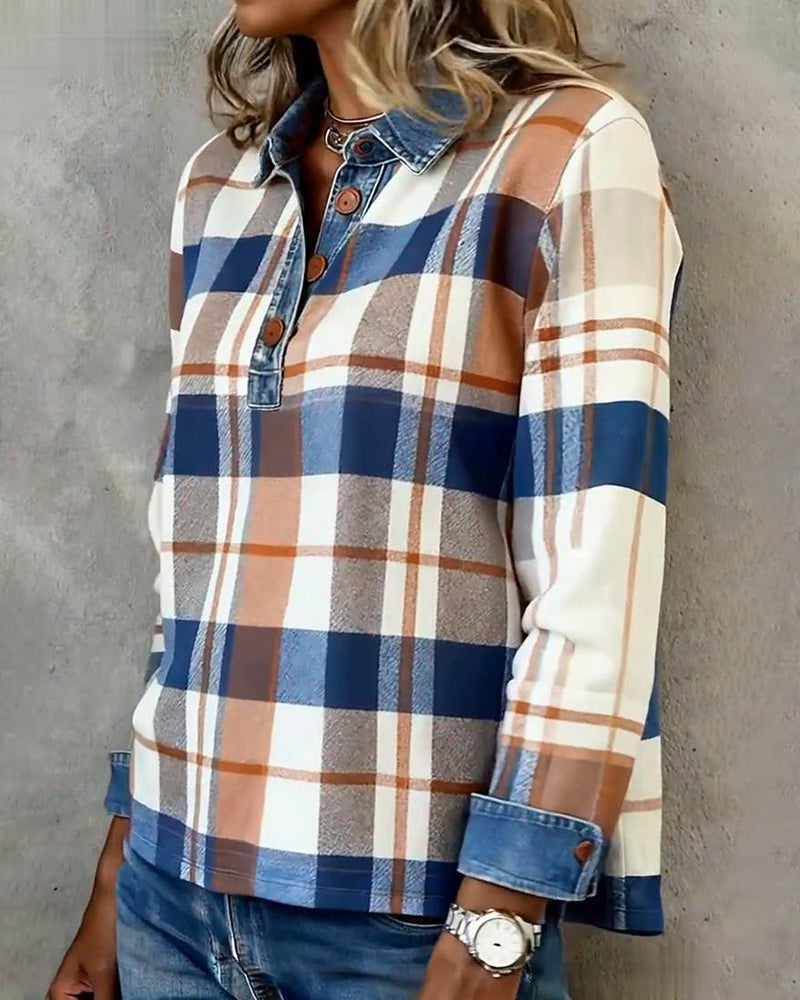 Blouse casual denim patchwork ruit