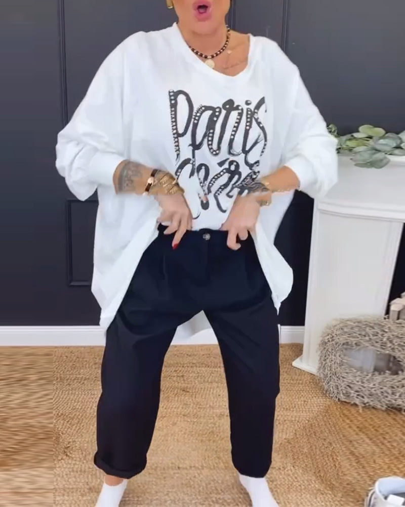 Top Ronde Hals Onregelmatige Letterprint