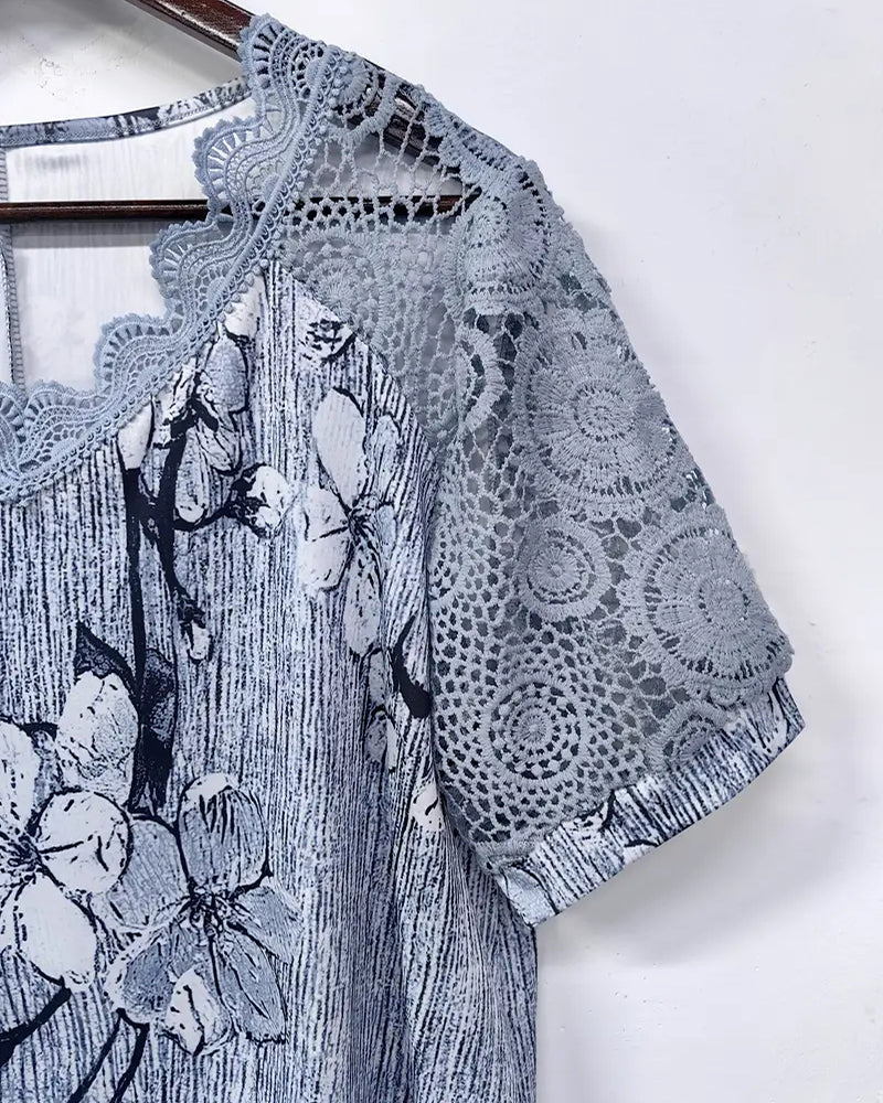 T-shirt Kant Gehaakt Patchwork Gedrukt