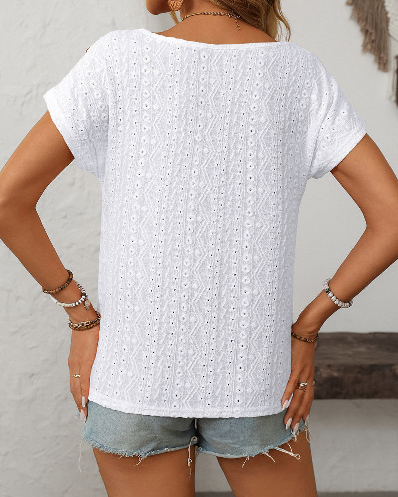 Blouse Ronde Hals Knop Uitsnijding Korte Mouwen