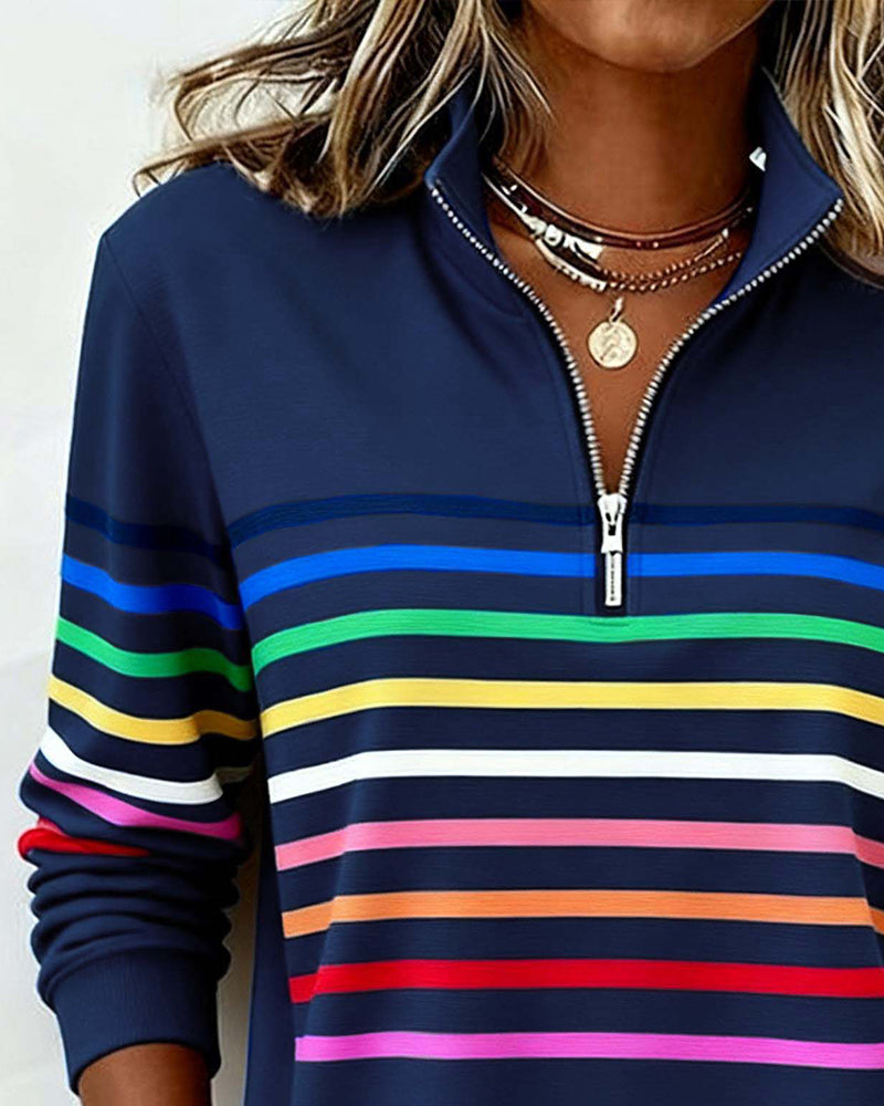 Modieuze Sweatshirt Met Halve Rits En Regenboogstrepen