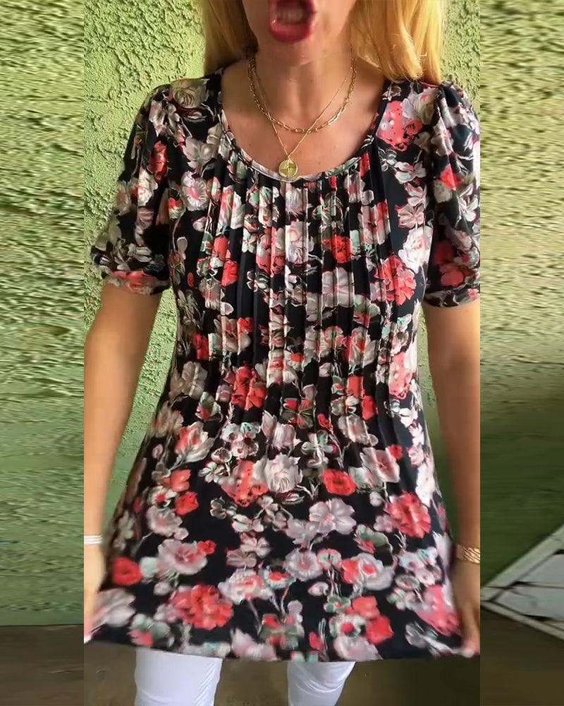 Blouse Ronde hals Poefmouw Geplooid Bloemenprint