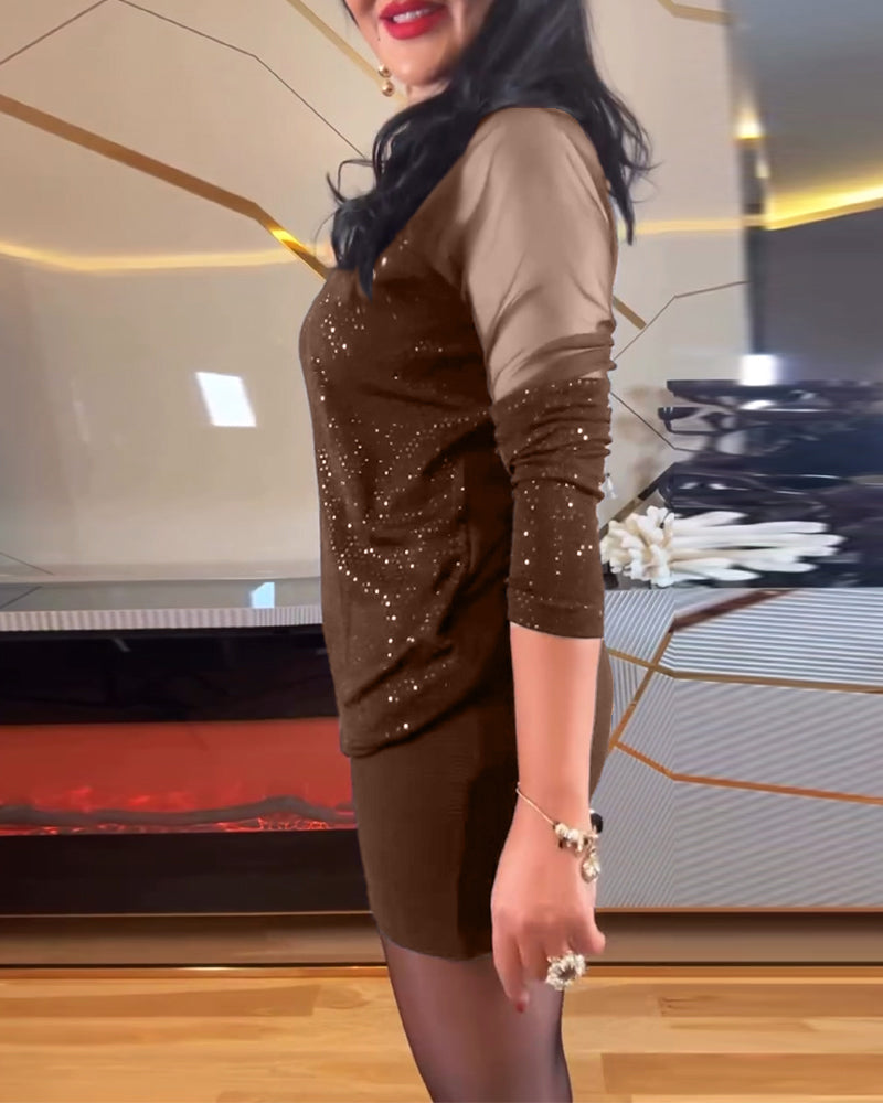 Top sexy v-hals mesh en effen pailletten