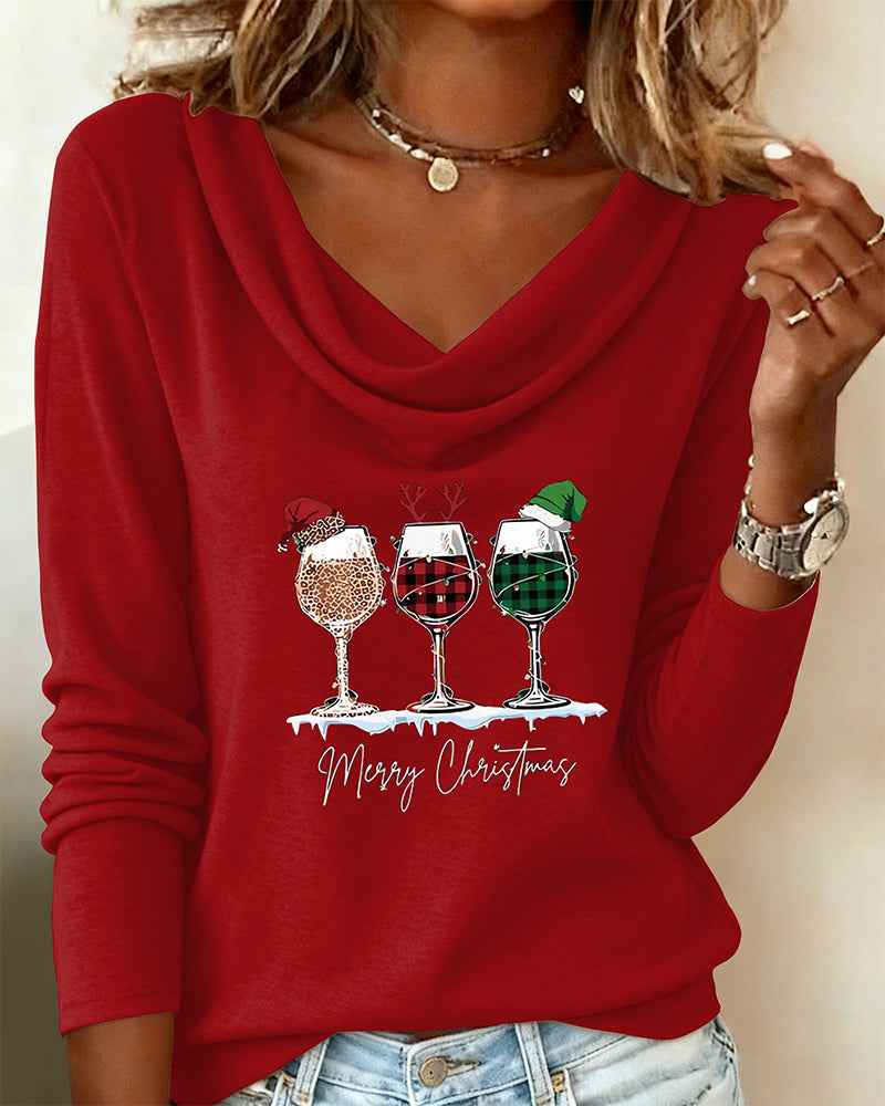 Top met gestapelde kraag en wijnglasprint