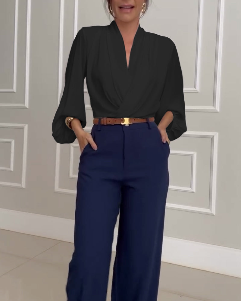 Mode effen kleur blouse met V-hals en lantaarnmouw