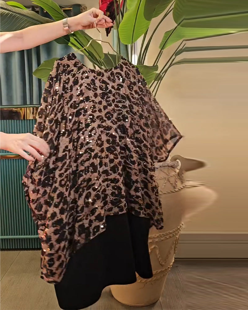 T-Shirt Luipaardprint Met Pailletten Vleermuismouw