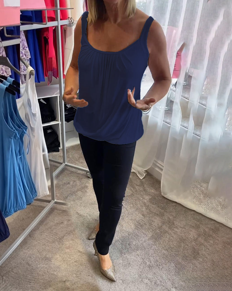 Casual mouwloze top met plooi en effen kleur