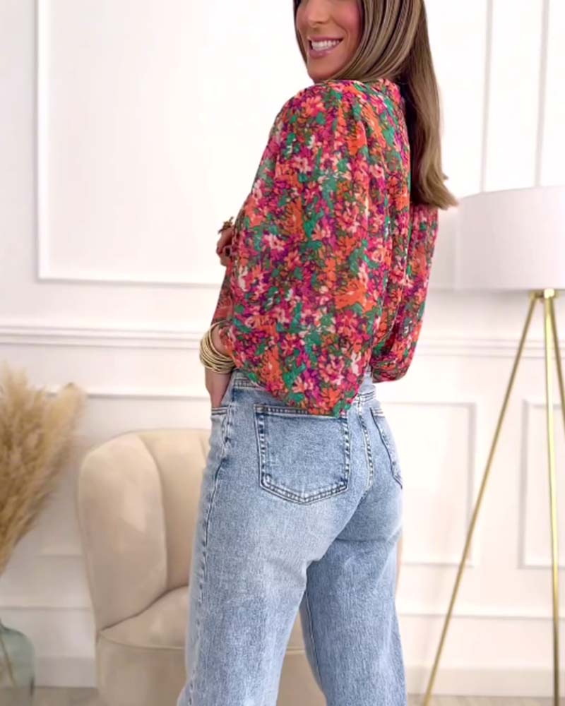 Overhemd met print en button-down met pofmouwen