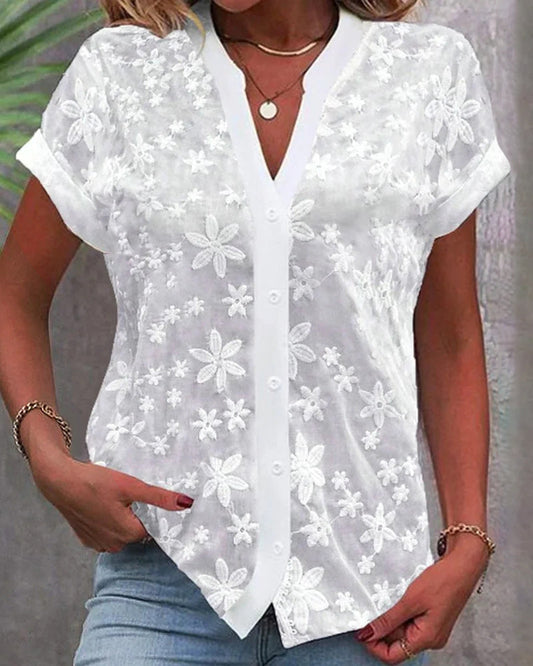 Blouse met korte mouwen en V-hals