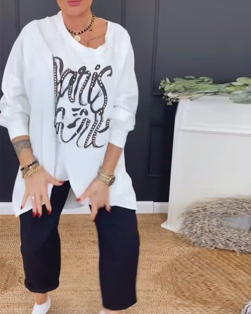 Top Ronde Hals Onregelmatige Letterprint