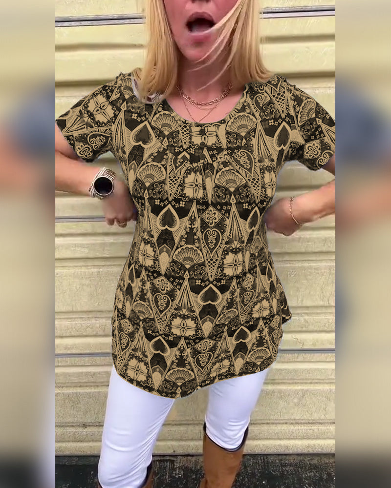 T-shirt casual retro ronde hals bedrukt