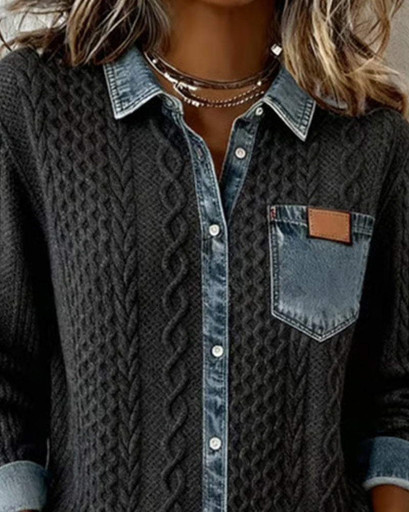 Langmouwige Blouse Met Denim-Patchwork