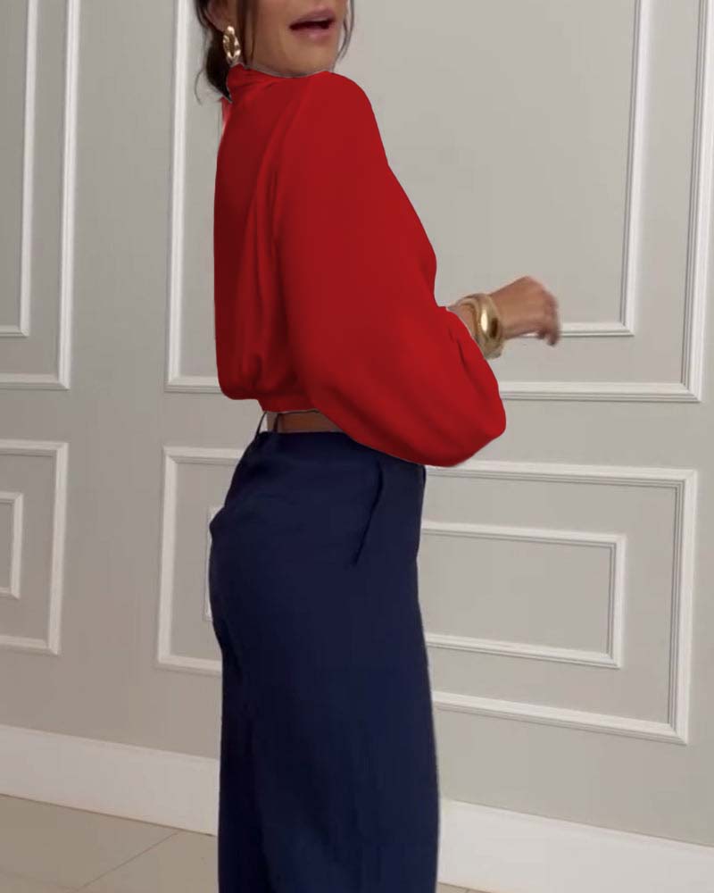 Mode effen kleur blouse met V-hals en lantaarnmouw