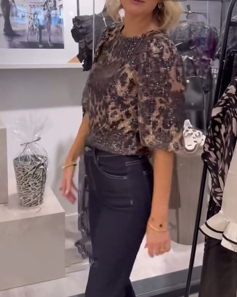 Blouse Met Lantaarnmouwen Pailletten Luipaardprint