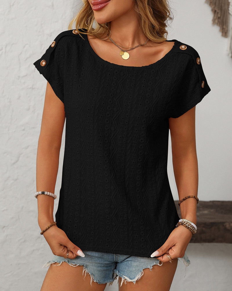 Blouse Ronde Hals Knop Uitsnijding Korte Mouwen
