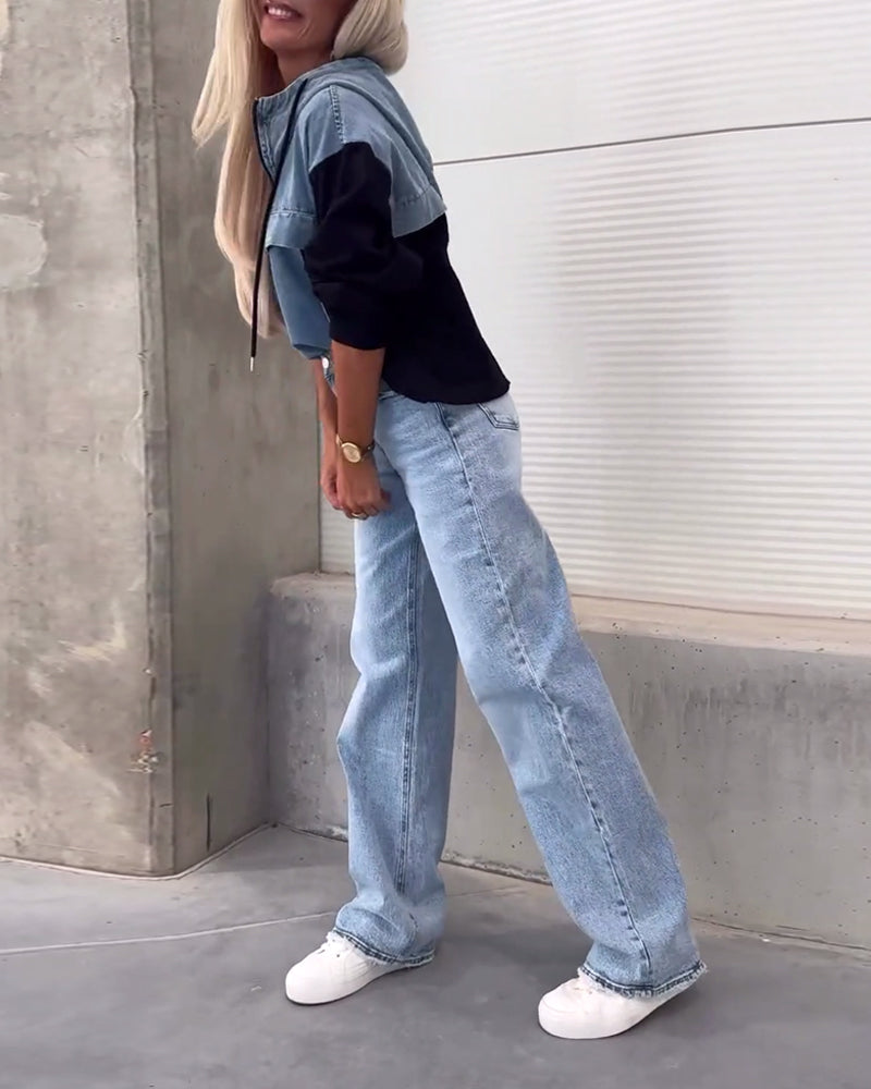 Casual denim patchwork hoodie met rits