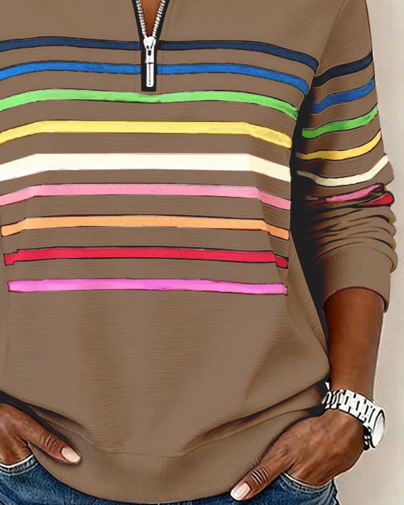 Modieuze Sweatshirt Met Halve Rits En Regenboogstrepen