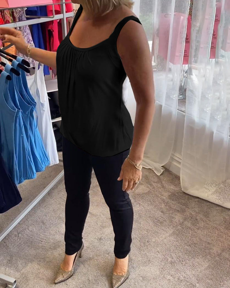 Casual mouwloze top met plooi en effen kleur