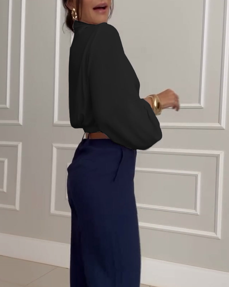 Mode effen kleur blouse met V-hals en lantaarnmouw