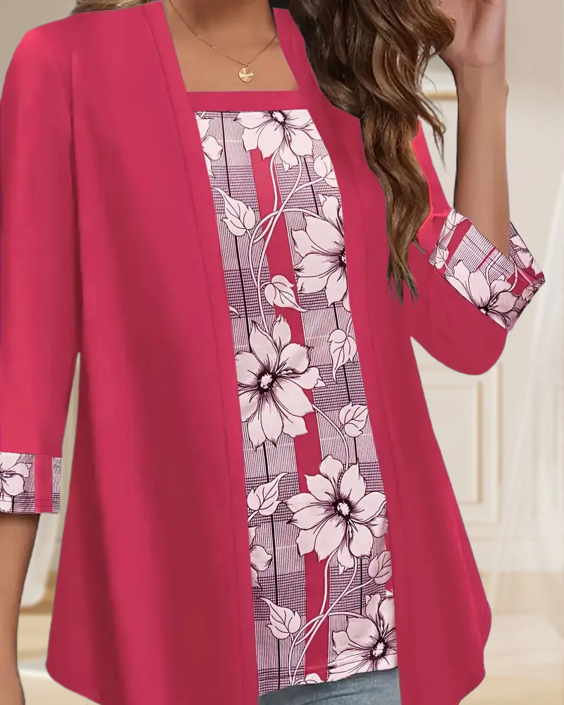 Bedrukt Topje Met Lange Mouwen Nep-Tweedelig Ontwerp