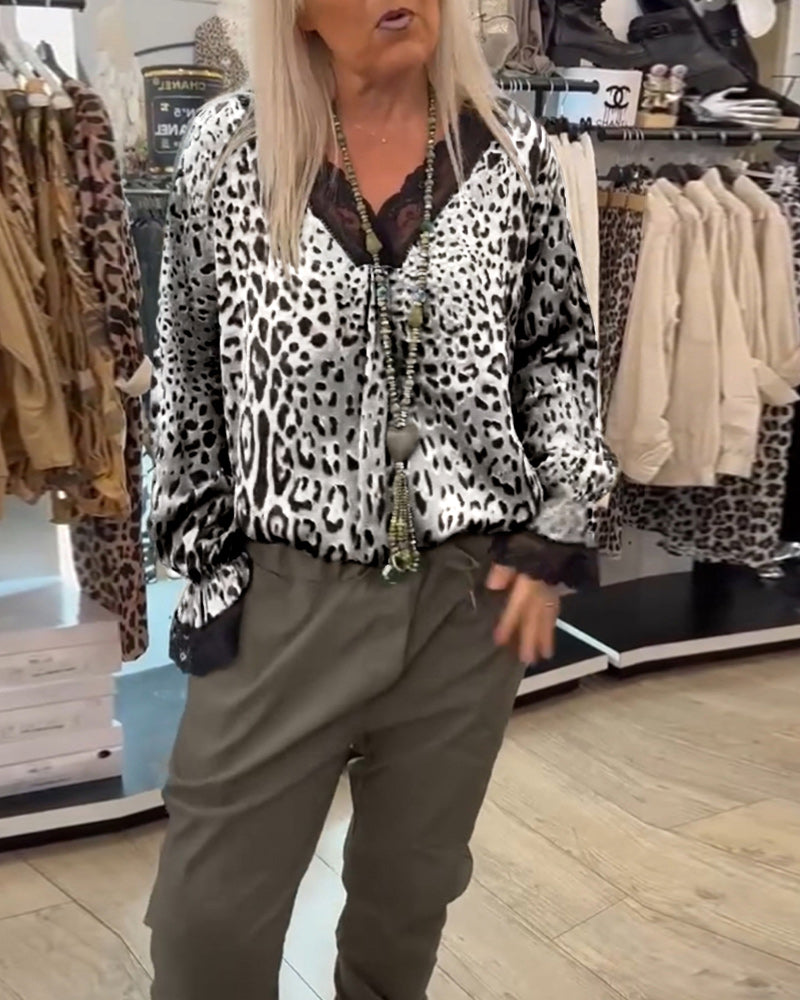Mode luipaard print blouse met V-hals en kant patchwork
