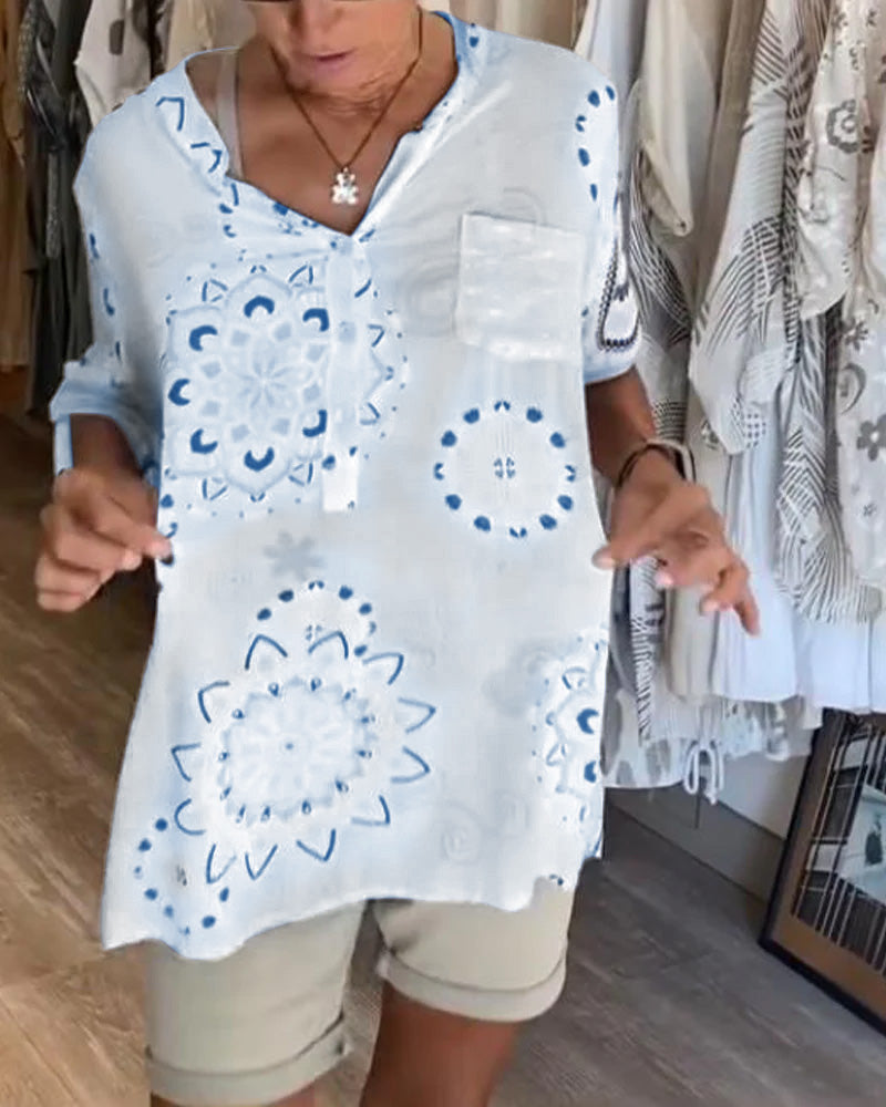 Blouse Veelzijdig V-Hals Bedrukt Halve Mouwen