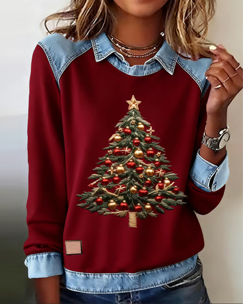 Sweatshirt Van Denim Met Patchworkdetails En Kerstprint