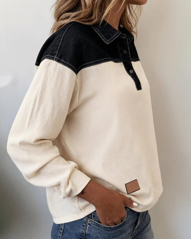 Blouse casual revers denim patchwork