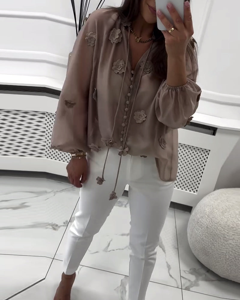 Blouse Effen Kleur 3D-Bloemen Met Vetersluiting