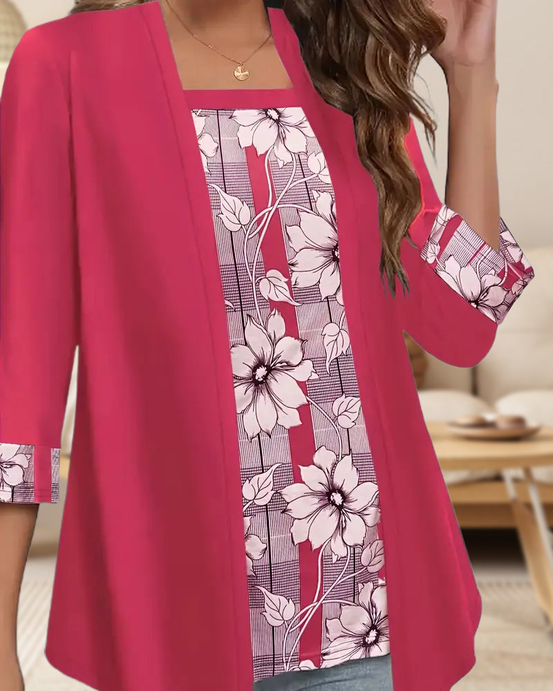 Bedrukt Topje Met Lange Mouwen Nep-Tweedelig Ontwerp