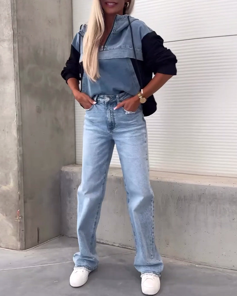 Casual denim patchwork hoodie met rits