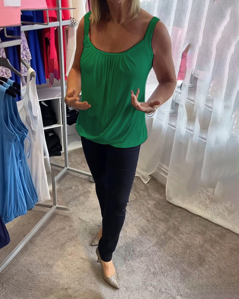 Casual mouwloze top met plooi en effen kleur