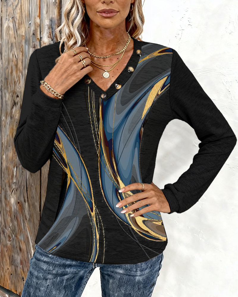 Gedrukte Casual Top Met V-Hals En Lange Mouwen