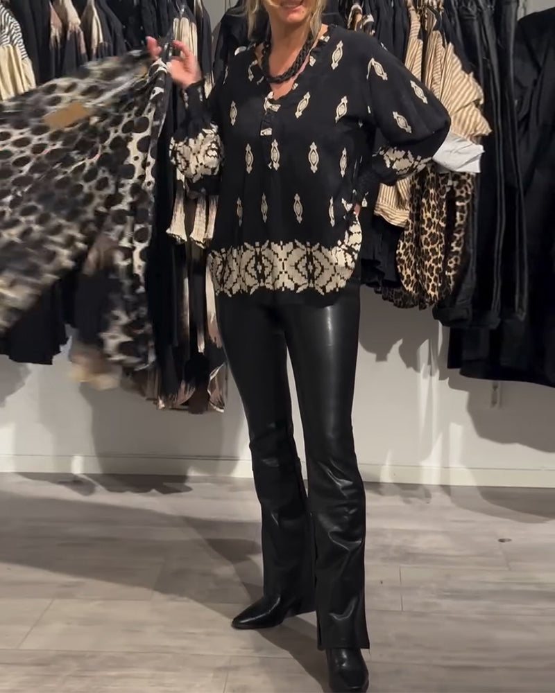 Shirt v-hals lantaarnmouw bedrukt