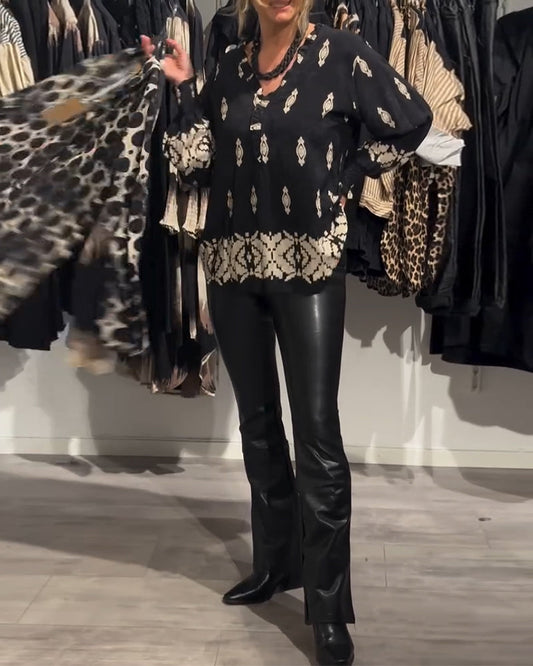 Shirt v-hals lantaarnmouw bedrukt