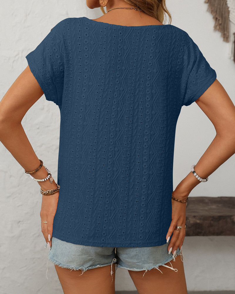 Blouse Ronde Hals Knop Uitsnijding Korte Mouwen