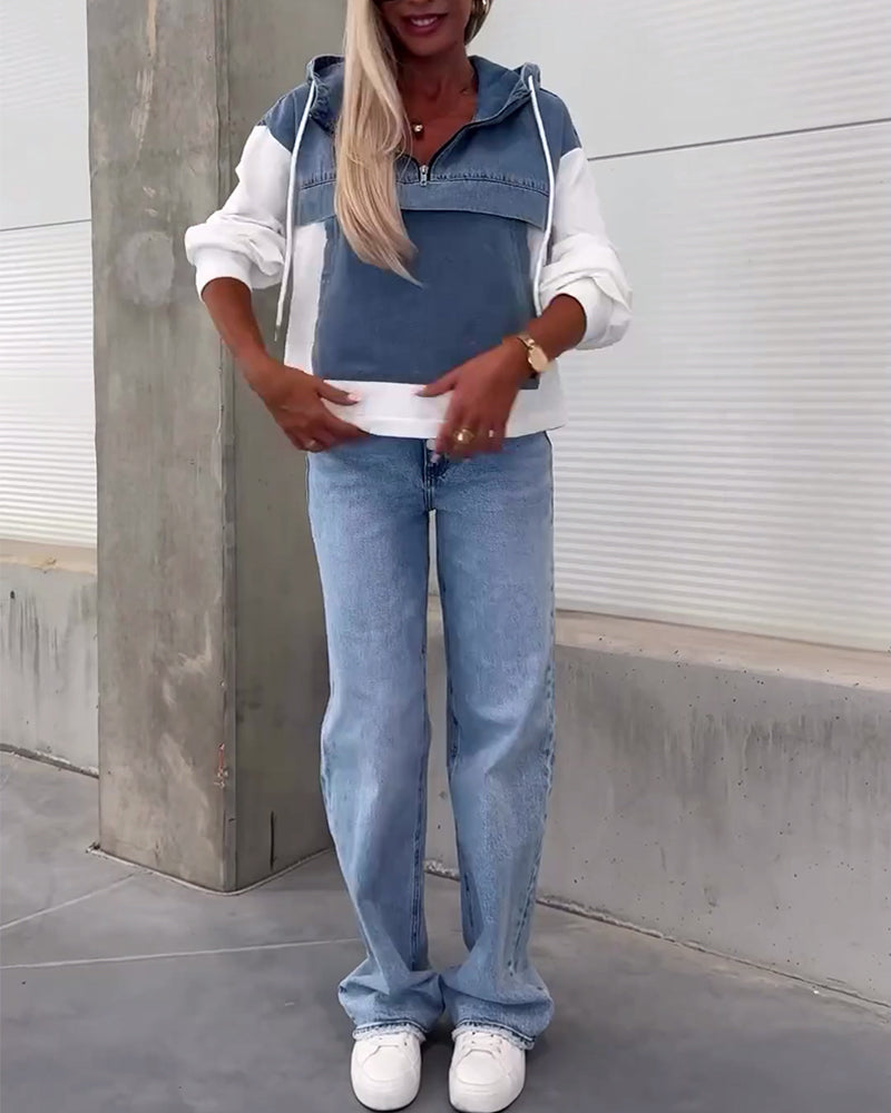 Casual denim patchwork hoodie met rits