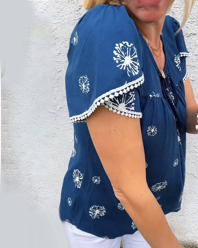 Blouse Bloemblad Mouw Print Tie-Dye