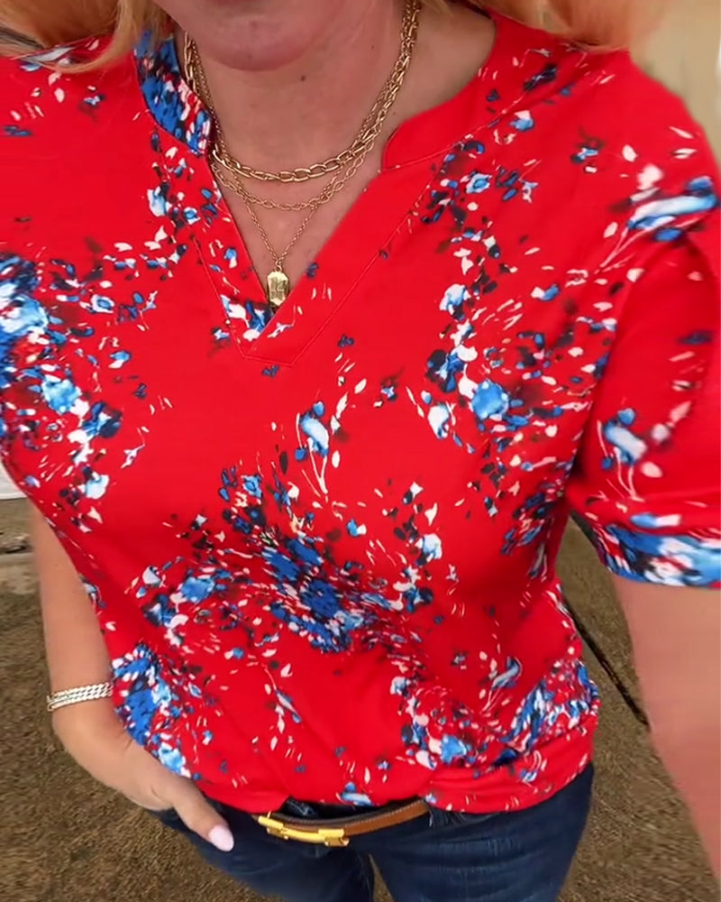 T-Shirt V-Hals Bloemenprint Korte Mouwen