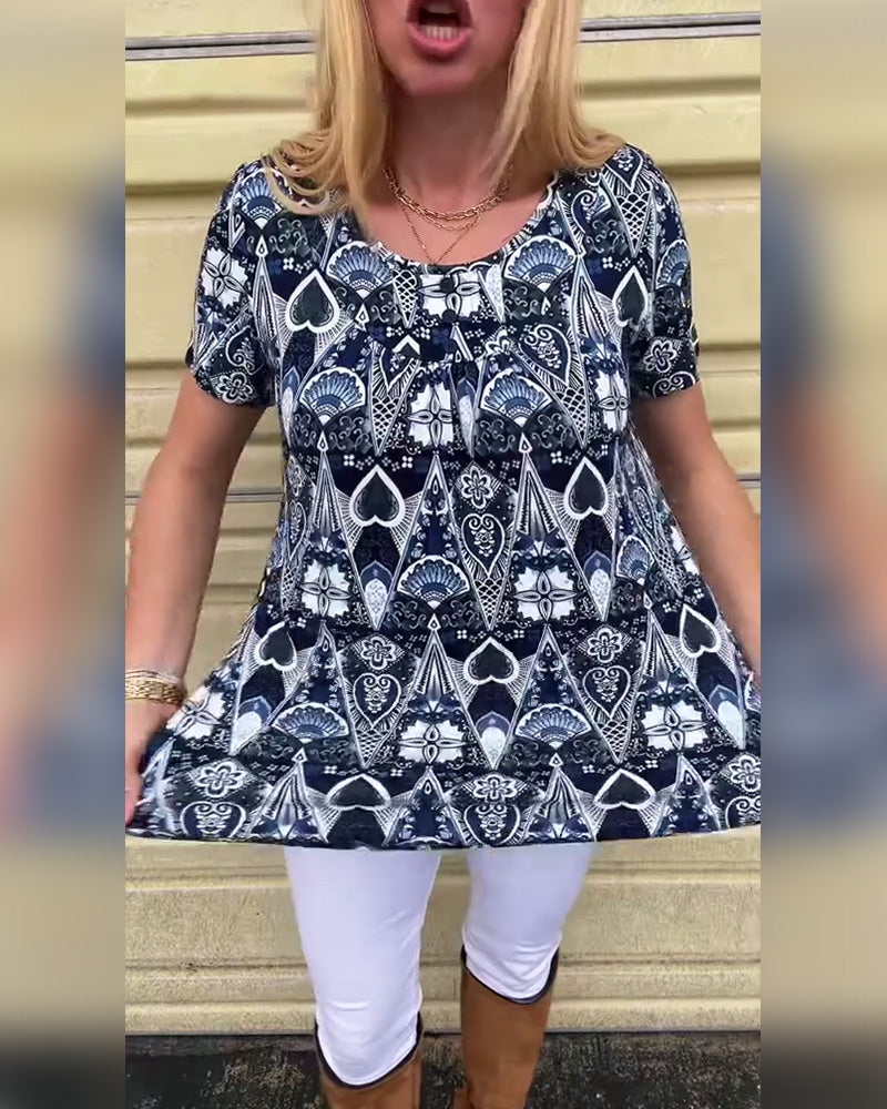 T-shirt casual retro ronde hals bedrukt