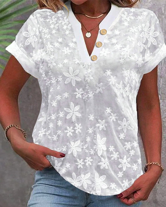 Blouse Eenvoudig Casual Effen V-Hals Korte Mouwen