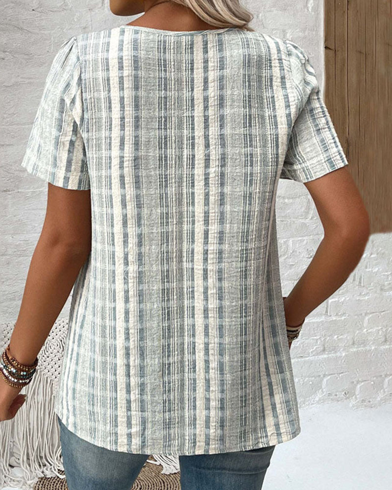 T-shirt casual v-hals gestreept geruit