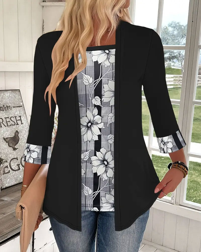 Bedrukt Topje Met Lange Mouwen Nep-Tweedelig Ontwerp