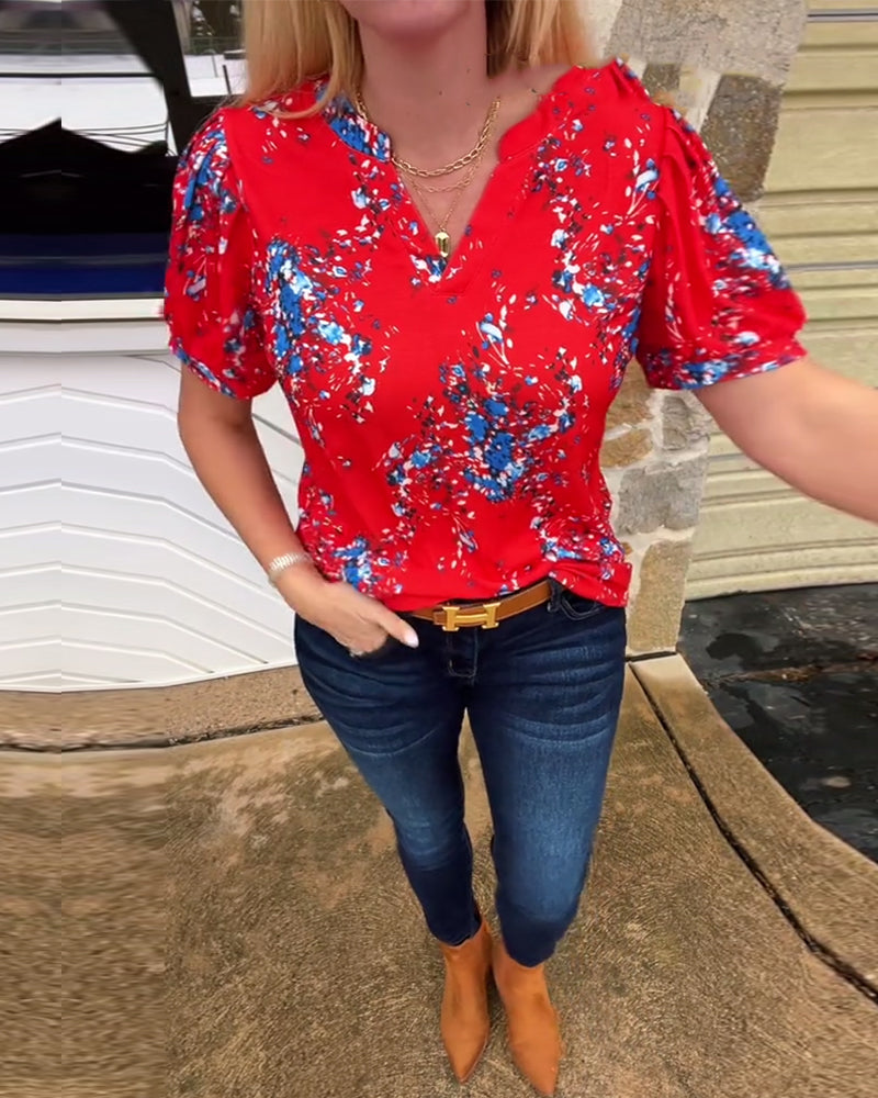 T-Shirt V-Hals Bloemenprint Korte Mouwen